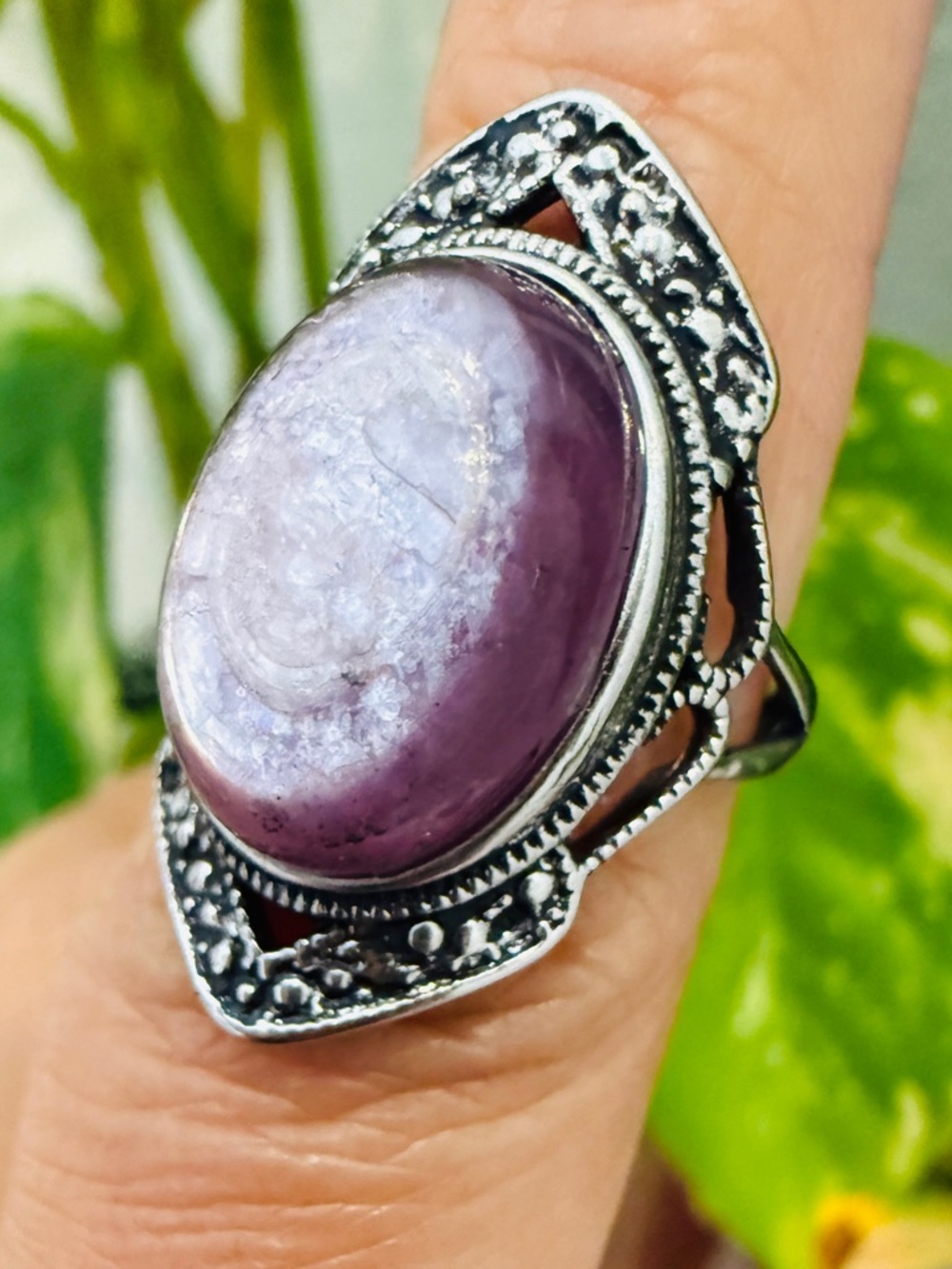 Antique Style Lepidolite Ring | Purple Mica Copper Adjustable Filigree Boho